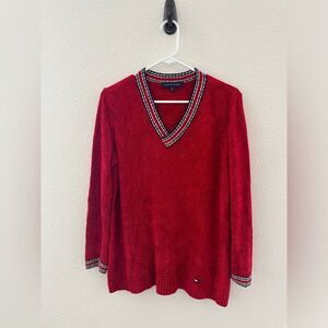 Tommy Hilfiger Women's Red V-Neck Sweater Preppy Nautical Classic Academia Large